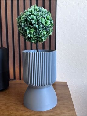 Modern Gray Ribbed Planter with Faux Topiary -